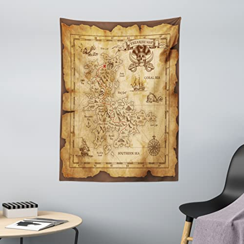 ABAKUHAUS Insel Wandteppich, Altes Papier Schatzkarte aus Weiches Mikrofaser Stoff Waschbar ohne Verblassen Digitaldruck, 110 x 150 cm, Beige Braun