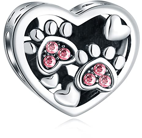 Impression de patte de chien chiot Charms with Octobre Birthstone, s'adapte Pandora Animal Bracelet, Perles de coeur à empreinte de patte en cristal rose en argent sterling 925