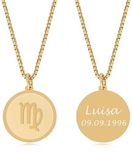 TIMANDO Damen Sternzeichen Kette Jungfrau mit Gravur, Personalisierte Halskette mit Namen in goldfarben, Horoskop Anhänger, Geburtstagsgeschenk