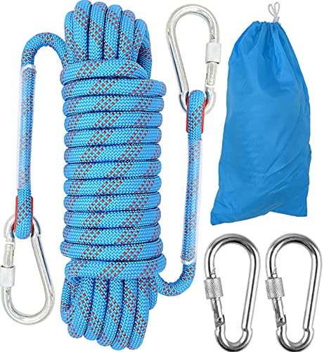 10mm Kletterseil, Outdoor-Sicherheitsseil, Nylon Seil Statisches Kletterseil Rettungsseil Feuerrettungs-Fallschirm-Seil mit 2 Karabinern für Arbeiten in der Höhe/Feuerleiter/Abseilen/Sport, Blau