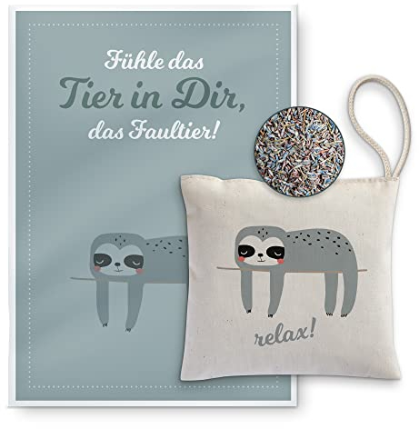 reelax.me Lavendel Kissen, Faultier Kissen mit Karte, Lavendelsäckchen, Duft-Säckchen Kleiderschrank, Schrankduft, Auto-Duft, Geschenke Entspannung, FAULTIER Geschenk Relax