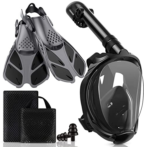 Viginsul Snorkeling Gear for Adults, Full Face Snorkel Mask with Dry Top System & Adjustable Swim Fins, Foldable Panoramic View Snorkeling Mask Set Anti-Fog & Anti-Leak
