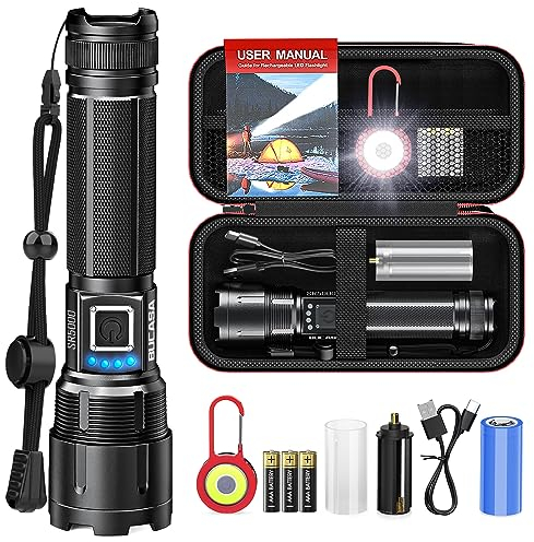 BUCASA Taschenlampe LED Aufladbar, Extrem Hell 20000 Lumen, 5 Modi Zoombar Taschenlampe mit USB Powerbank, Wasserdicht Langer Laufzeit Flashlight für Camping Wandern Outdoor Notfäll