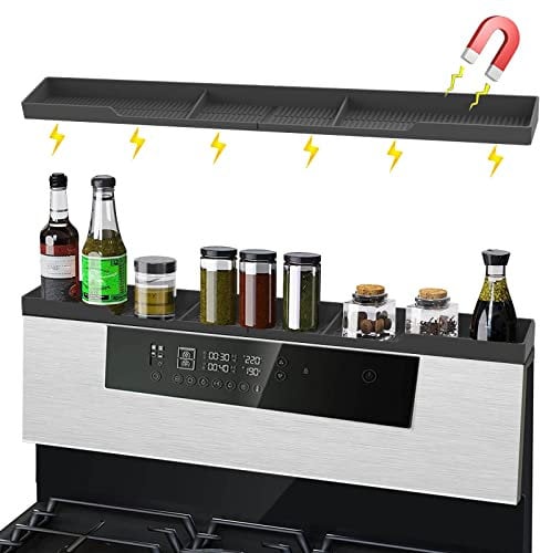 Silicone stove top shelf 30,JOOKKI magnetic over stove top shelf for kitchen stove,oven shelf for back with Zero Installation,over the stove spice rack With partition and perimeter fence.(Black)