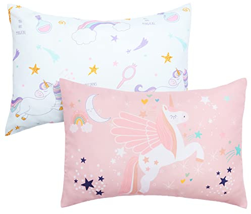 UOMNY Kleinkind-Kissenbezüge für 33 x 45 cm, 30 x 40 cm, 35 x 48 cm, Einhorn, Kleinkind-Kissenbezug für Mädchen, 2 Stück, Kinder-Kissenbezüge für schläfrige Kissen, Reise-Kissenbezüge, Rosa/Weiß