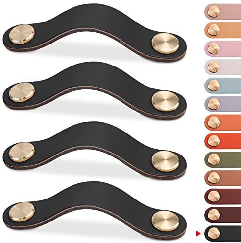 LEREATI 4pcs Poignée Meuble Cuir, Bouton Porte Placard Poignee Simili Cuir Bouton de Tiroir, Poignee de Meuble Vintage pour Armoires, Commode, Cuisine, Salle de Bain (Noir, 96mm)