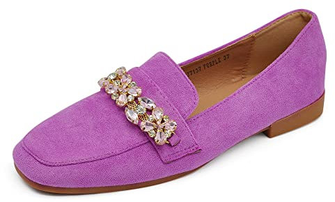 IF Fashion Scarpe Mocassini Slip On Loafers Morbidi Donna con Strass Pietri Camoscio Scamosciato 7137 Viola N.39