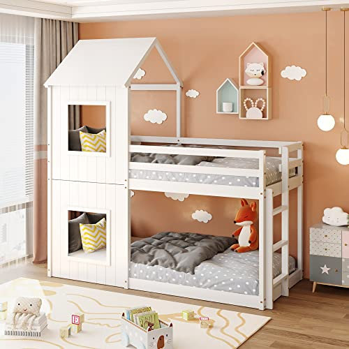 Merax Etagenbett, Holzbett mit Treppe, Kinderbett mit Fallschutz und Gitter, Rahmen aus Kiefer (Weiß Stil 1, 90 * 200cm)