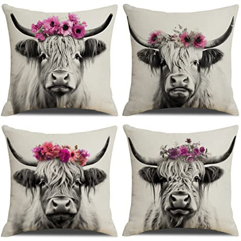 YCHZ Highland Cow Dekokissenbezüge, 45,7 x 45,7 cm, 4 Stück, Motiv: Hochlandkuh, Blumen, Dekoration, quadratisch, Leinen, Bauernhaus, Heimdekoration, Kuh-Kissenbezüge mit verstecktem Reißverschluss