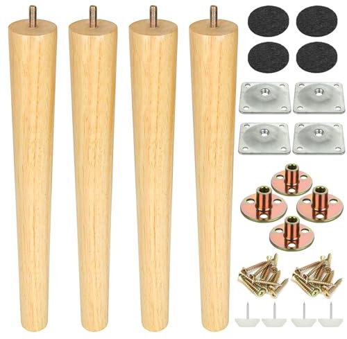 CYEER 30CM Wooden Furniture Legs Set of 4, Wooden Straight Table Legs Solid Wood Tapered Replacement Feet with Threaded Mounting Plate Screws Anti-Slip Mats for Couch Armchair Cabinet