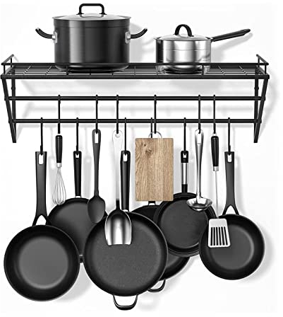 SHERAF Hanging Spice Pot Pan Rack Wall Mounted Kitchen Organizer Kitchenware Hanger Holder Saucepan Stand with 12 S-Shaped Hooks
