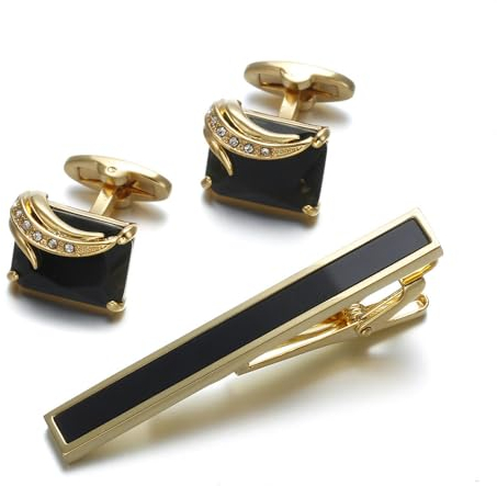 ALTCIRNMD Krawattennadel Krawattenclip Manschettenknöpfe Set,Luxuriöse Goldene Intarsien Achat Knopf Kunst,Männer Geschenktasche Business Hemd Krawatte Pinch Anzug Clip Für Krawatten Männer Geschenke
