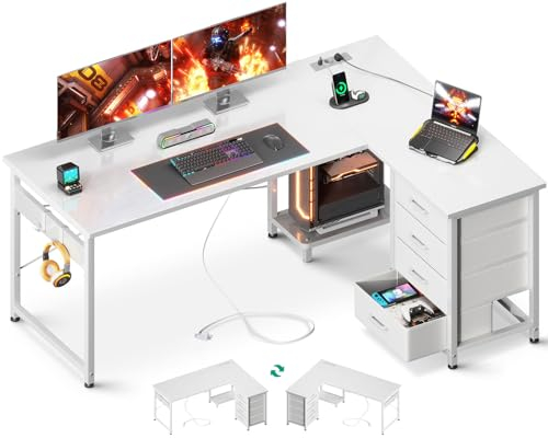 ODK Eckschreibtisch mit 4 Schubladen, 135×100 cm Schreibtisch L Form mit Steckdose und USB-Ladeanschluss, Reversibler Schreibtisch mit Stauraum für Homeoffice, Bianco