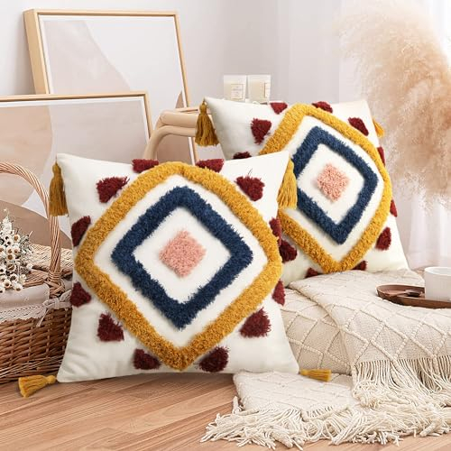 Merrycolor 2er Set Kissenbezug 45x45cm, Blau Rot Getuftet kissenbezüge mit Gelb Quasten Boho Baumwolle Leinen Dekokissen Zierkissenbezug für Schlafzimmer Wohnzimmer