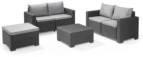 Keter California Double 2 Seater 83% recycled Outdoor Garden Furniture Chaise Lounge Set - Graphite with Grey Cushions Fade Free | All Weather Resistant | Easy Clean | Zero Maintenance