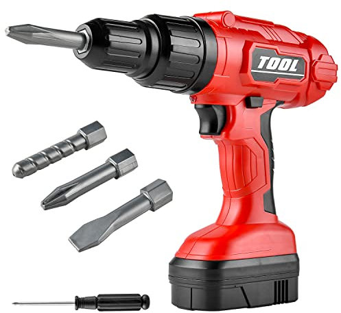 Toy Choi's Toy Drill Electric Kid Drill Set Pretend Play Drill Toy, Kids Creativity Drill Screw Set, Construction Kids Tool Set Outdoor Preschool Gardening Lawn Toy Gift for Boy and Girl(Red)