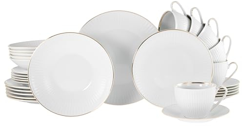 CreaTable, 22847, Serie Valencia Gold, 30-teiliges Geschirrset für 6 Personen aus Porzelan Kombiservice aus Porzellan, spülmaschinen- und mikrowellengeeignet, Made in Europe