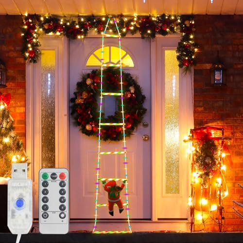 RANJIMA Catena luminosa a LED con Babbo Natale, 170 cm, 8 modalità, illuminazione natalizia a LED, alimentata tramite USB, con telecomando, Babbo Natale su scala per interni ed esterni, decorazione