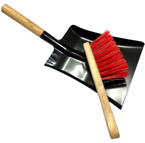 LSC 12” Outdoor Broom Sweeping Brush with Heavy Duty Shovel Floor Brush PVC Bristles Yard with Wooden Handle Metal Steel Fireplace Coal Ash Shovel for Patio Yards and Garage (SHOVEL & RED BRUSH)