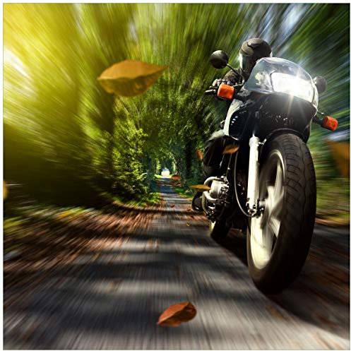 Wallario Glasbild Fahrendes Motorrad im Wald mit Herbstlaub - 55 x 55 cm Wandbilder Glas in Premium-Qualität: Brillante Farben, freischwebende Optik