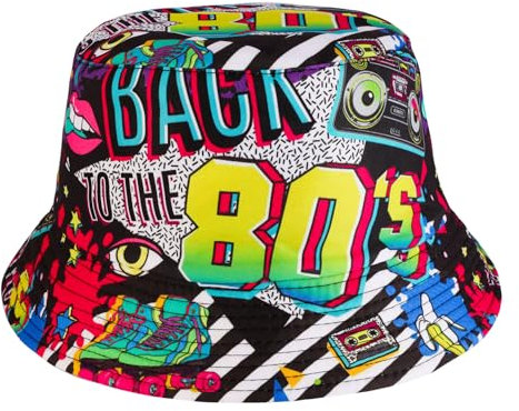 MILAKOO 80er Jahre Eimer Hut für Männer Frauen Lustig Retro Party Fischerhüte Vintage Print Fischer Hut Unisex Reversible Portable Sommerhut für Disco Hip hop Outdoor