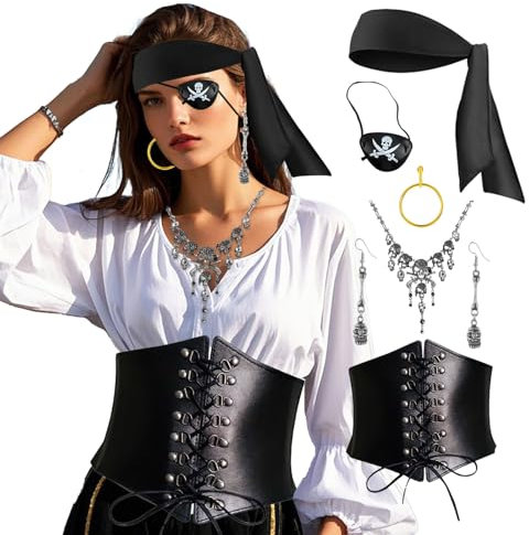 ASFWAGQ 7 Stück Damen Piraten Kostüm Zubehör Piratenhut Schwarz Piraten Augenklappen Piratenschmuck Piraten Partyzubehör Piratenkapitän Dekoration für Fasching Karneval Dress Up
