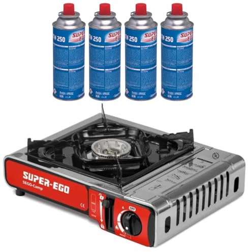 KROWN - Cocina Portátil SEGO de Gas Butano con 4 Cartuchos de 227g, Ideal para Camping y Actividades al Aire Libre