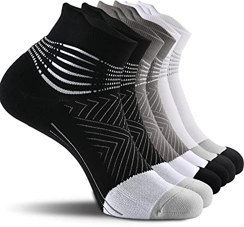 IRAMY Compression Ankle Support Running Socks for Women Men Trainer Wicking 3 Pairs Athletic Cushioned Plantar Fasciitis Socks Black+White+Grey L