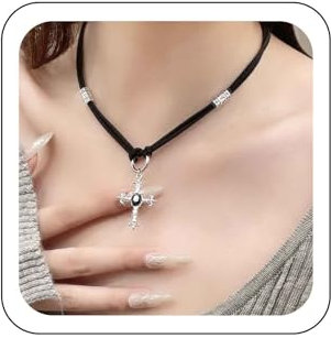 Wendalern Gothic Cross Necklace Choker Black Leather Cord Chain Necklace Crystal Cross Pendant Necklace Layered Silver Cross Rope Chain Necklace Faith Jewelry for Women