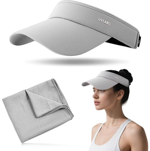 Grey Sun Visor Cap for Men Women, UV Protective Sun Hat and Quick Drying Sports Towel, Elastic Adjustable Empty Top Hat, Sport Visor with Breathable Sweatband for Outdoor Running Cycling Golf Tennis