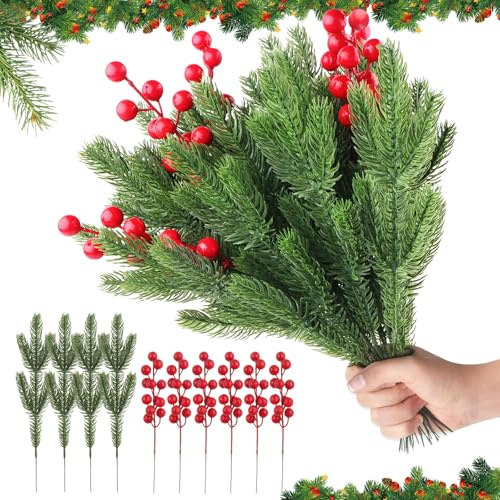 UBERMing 40 Stück Tannenzweige Künstlich mit 10 Pcs Beerenzweig, Künstliche Kiefernzweige Weihnachtsdeko Pflanzen Deko Zweig Weihnachten, Tannengrün Dekozweige Tannenzweige zum Basteln Adventskranz