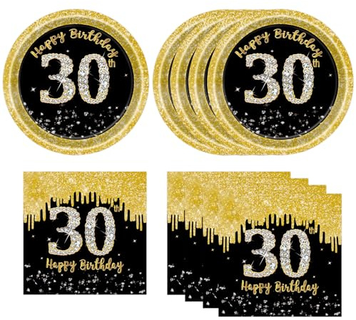 50 Pcs 30th Birthday Plates and Napkins Party Supplies, Back Gold 30th Birthday Party Plates and Napkins Tableware Set for Men Women Cheers to 30 Years Anniversary Decorations (30th)
