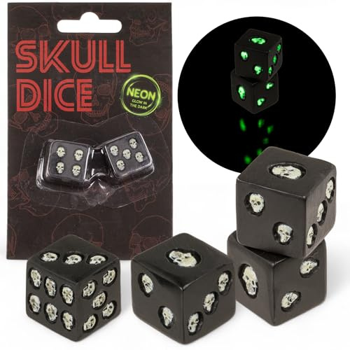 MIJOMA Skull Dice Würfel 6er Set – Schwarze Polyresin Würfel mit Totenkopf Augen – Leuchten im Dunkeln – Neon Effekt für Spiele & Sammler