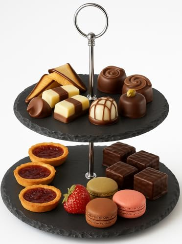 Etagere 2 Etagen aus Schiefer – Servierständer für Kuchen, Obst & Snacks – Schieferplatte mit Metallgriff – HxD 23x25 cm – Anthrazit/Silber