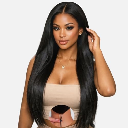 Tunfine 13x6 Full Lace Front Drawstring Wig Human Hair for Women 200 Density Glueless Straight Perücken Echthaar Damen Pre Plucked Pre-Cut Lace Glueless Wigs Human Hair Natural Color 22 Zoll