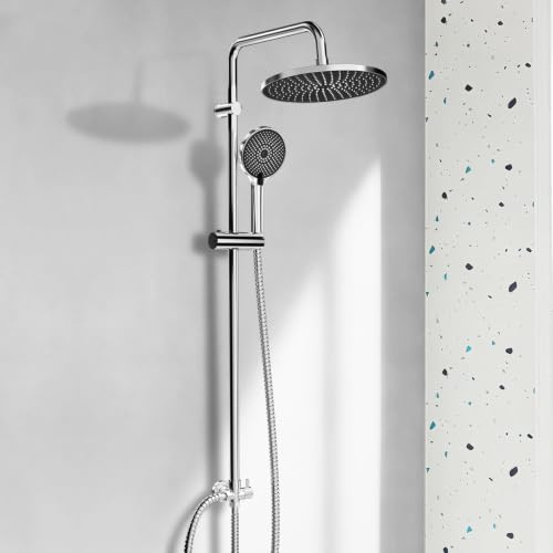 BECMai Set doccia senza rubinetto, sistema doccia in acciaio inox con grande soffione doccia D26 cm, doccia completa con soffione in ABS, 2 tubi, asta doccia, deviatore, set doccia con doccia a