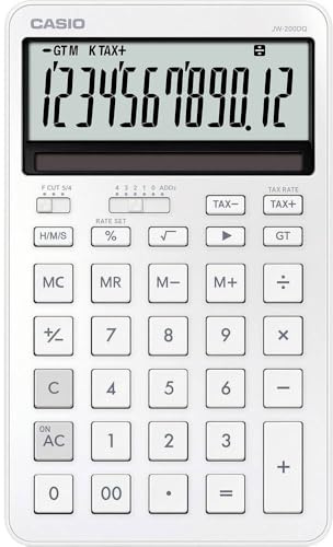 CASIO JW-200DQ-WE Tischrechner, Weiß, 12-stellig, Solar/Batteriebetrieb | Großes 12-stelliges Display, Steuerberechnung, Zeitberechnung, stylisches Design, Gummifüße, Solar-Batteriebetrieb