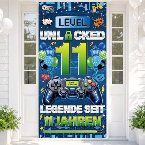 11. Geburtstag Deko Game Banner - 1 Stück Videospiel Türhänger mit LEVEL UNLOCKED und Controller für 11 Jahre Junge Gaming Party Geburtstagdeko, 180×90 cm