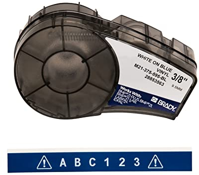 Brady Vinyl-Etiketten für Etikettendrucker M211 & M210 - Vinyl-Klebe-Druckeretiketten - Industrieetikettenband für Kabel/Namensetiketten - Weiß auf Blau (9.53mm x 6.40m) - M21-375-595-BL