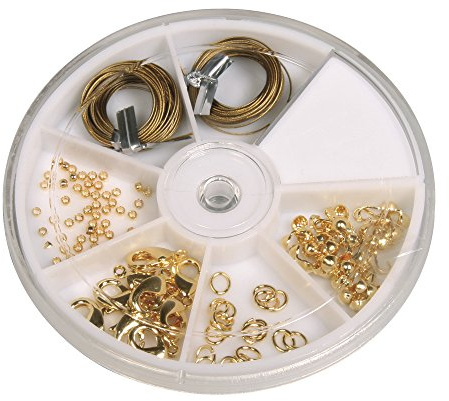 Rayher Starterset Schmuckzubehör, gold, Schmuckherstellung Set, Schmuck Reparatur Set, Schmuck basteln, Starter Kit mit Schmuckdraht, Karabinerverschlüssen, Ringeln, Quetschperlen, 2248506