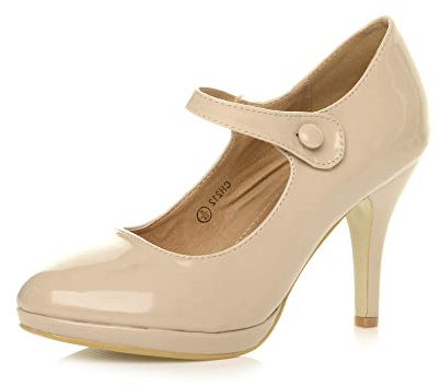 Womens Ladies mid high Heel Mary Jane Strap Evening Court Shoes Pumps, Nude Patent, 3 UK