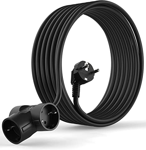 MutecPower 5 Meter Schuko Verlängerungskabel Mit 3-Fach Steckdosen - 90° abgewinkelt EU Schuko Schutzkontaktstecker und Schutzkontaktkupplungen - bis 250V 50Hz 16A IP20-5m Schwartz