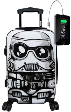 TOKYOTO Kabinentrolley Kinderkoffer Handgepäck Flugzeug für Kinder Mädchen Jungen Fans von Cartoons Star Kabinenkoffer Wars 55x35x20 cm Hartschalenkoffer TSA-Schloss USB-Anschluss White Soldier