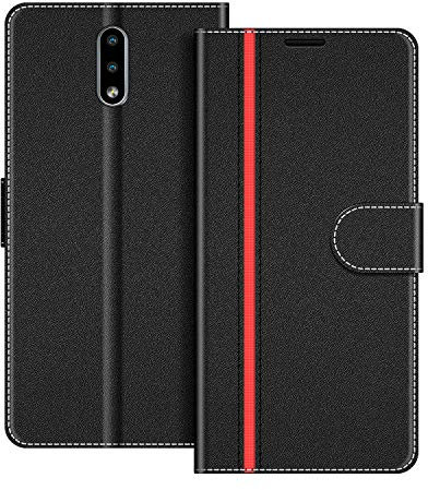 COODIO Handyhülle für Nokia 2.3, Leder Handytasche mit Magnetverschluss, Kartenfächer und Standfunktion, Schwarz/Rot