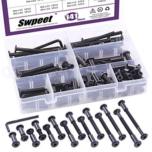 Swpeet Lot de 141 boulons hexagonaux en acier au carbone avec 1 clé Allen, 14 tailles différentes, M6 x 16 mm-80 mm, noir