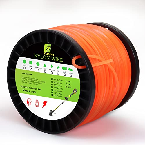 Viabrico Fil de débroussailleuse 2.4mm Universal, carre orange de qualité commerciale, nylon de qualité supérieure universel 2.4mm x 100 pour coupe et débroussailleuse