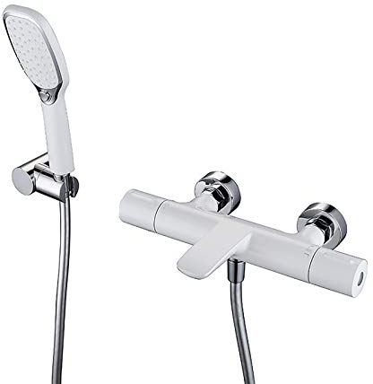 GLYYR Wannenarmatur mit Thermostat, Badewannenarmatur mit Handbrause, Messing Wannenbatterie Wandhalterung Badewanne Wasserhahn, Wannenmischer für Badezimmer,Weiß