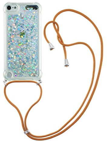 COTDINFOR Handykette Hülle für iPod Touch 7 Flüssigkeit Glitzer Clear Cover Protective Sparkle Floating Bling Silikon Lanyard Handyhüllen für iPod Touch 5/6 / 7 TPU Colorful Love YB.