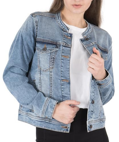 NOROZE Women's Western Style Jacket Collarless Denim Jacket, Light Blue Washed Jeans Women Classic Women's Trucker Jackets Biker Casual (14, Light Blue)