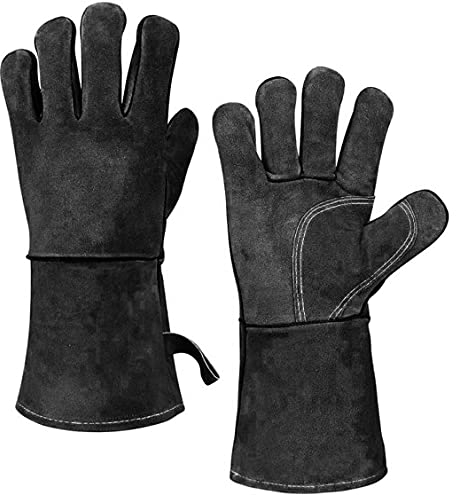 COFI 1453 Grillhandschuhe Ofenhandschuh schwarzem Leder hitzebeständig Kamin-Handschuhe schwarz